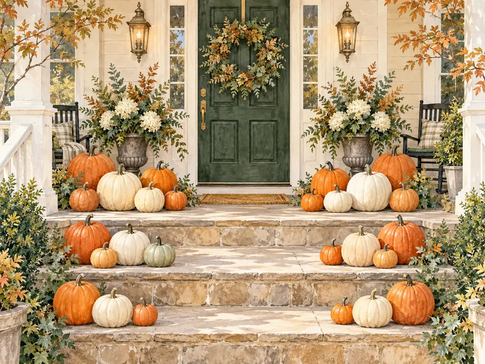 Watercolor inspiration for a grand pumpkin-covered porch